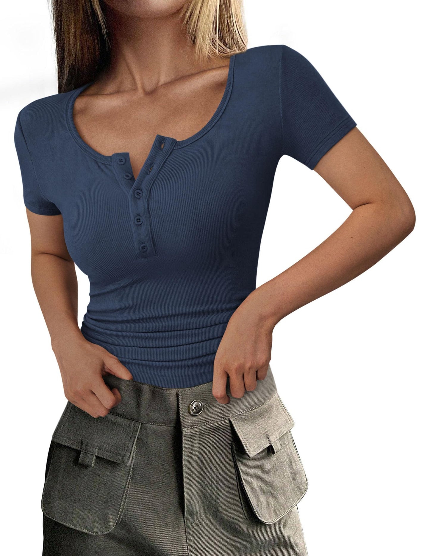 Ribbed Henley Button Short Sleeve Slim Fit T-Shirt