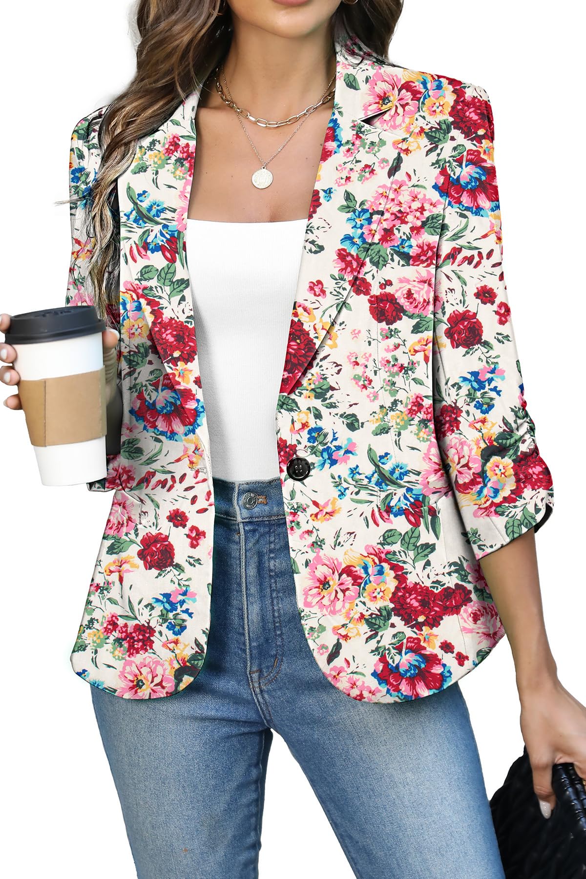 Women's Ruched 3/4 Sleeve Slim Fit Blazer Jacket