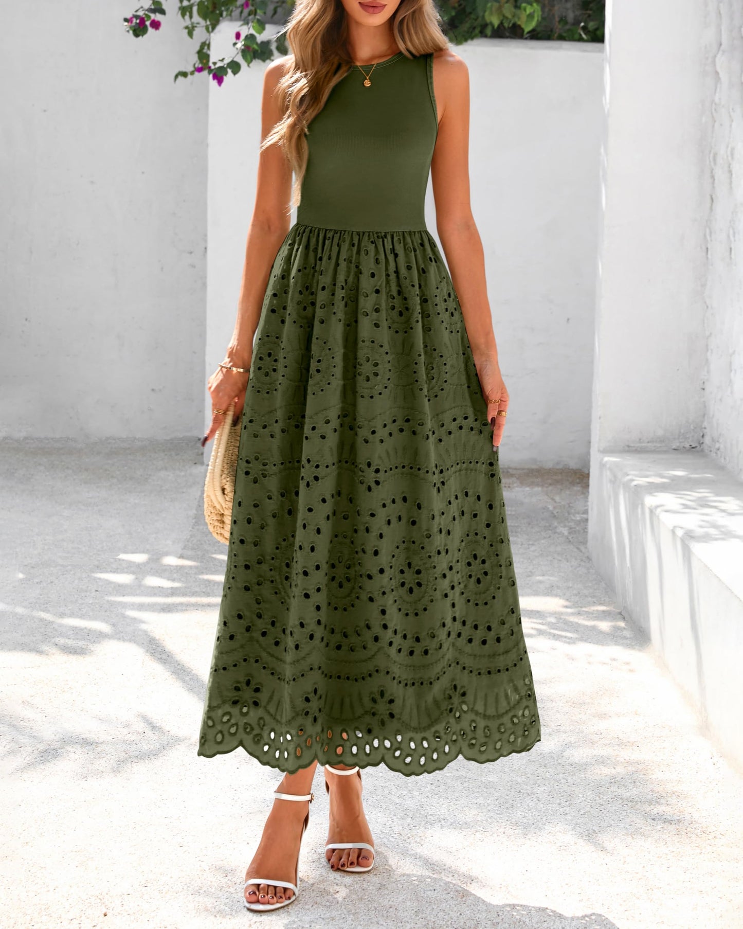 Sleeveless Crewneck Lace Eyelet Cotton Maxi Dress with Pockets
