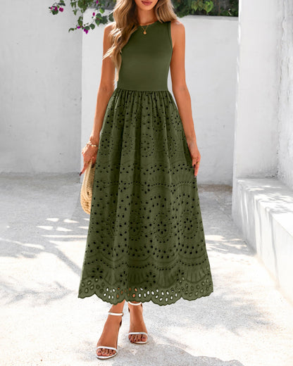 Sleeveless Crewneck Lace Eyelet Cotton Maxi Dress with Pockets