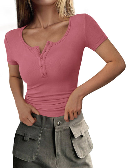Ribbed Henley Button Short Sleeve Slim Fit T-Shirt
