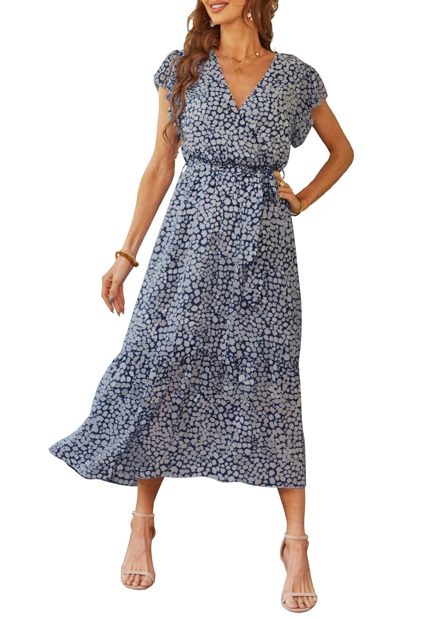 Women's Floral Wrap V-Neck Ruffle Boho Maxi Dress