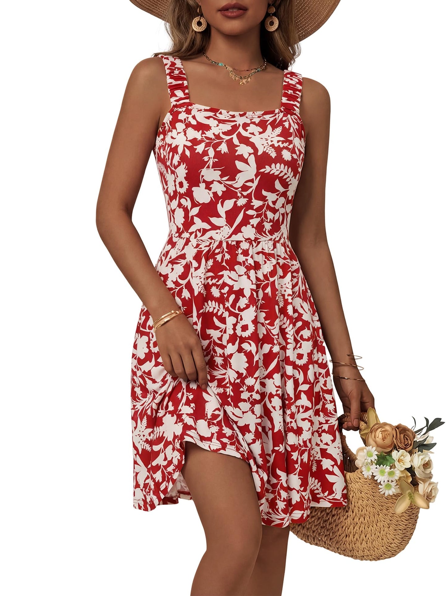 Square Neck Sleeveless A-Line Midi Sundress with Pockets