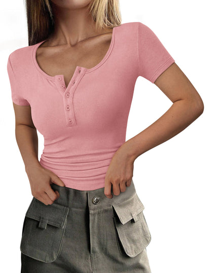 Ribbed Henley Button Short Sleeve Slim Fit T-Shirt