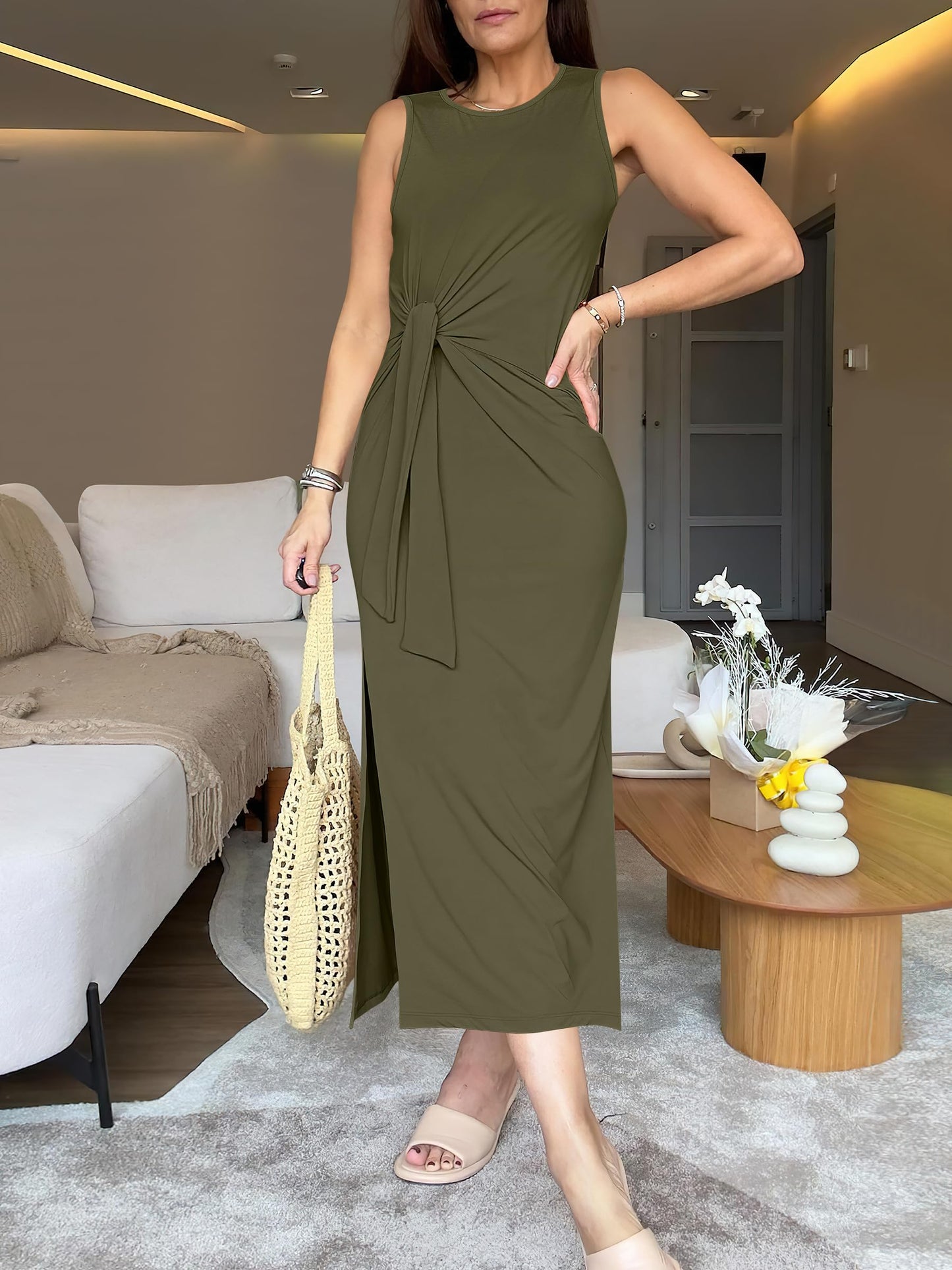 Sleeveless Tie Waist Split Tank Midi Sundress