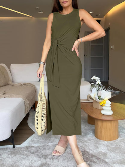 Sleeveless Tie Waist Split Tank Midi Sundress