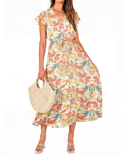 Women's Bohemian Floral Wrap V-Neck A-Line Midi Dress