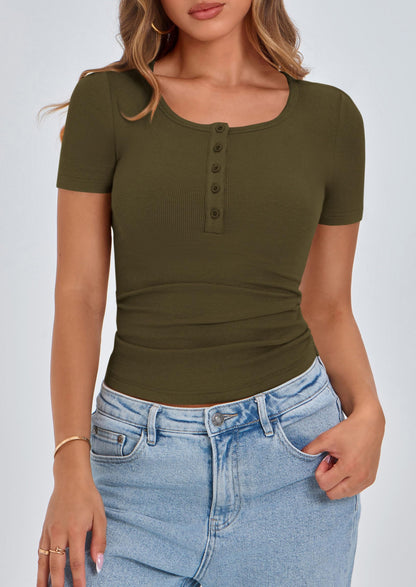 Ribbed Henley Button Short Sleeve Slim Fit T-Shirt