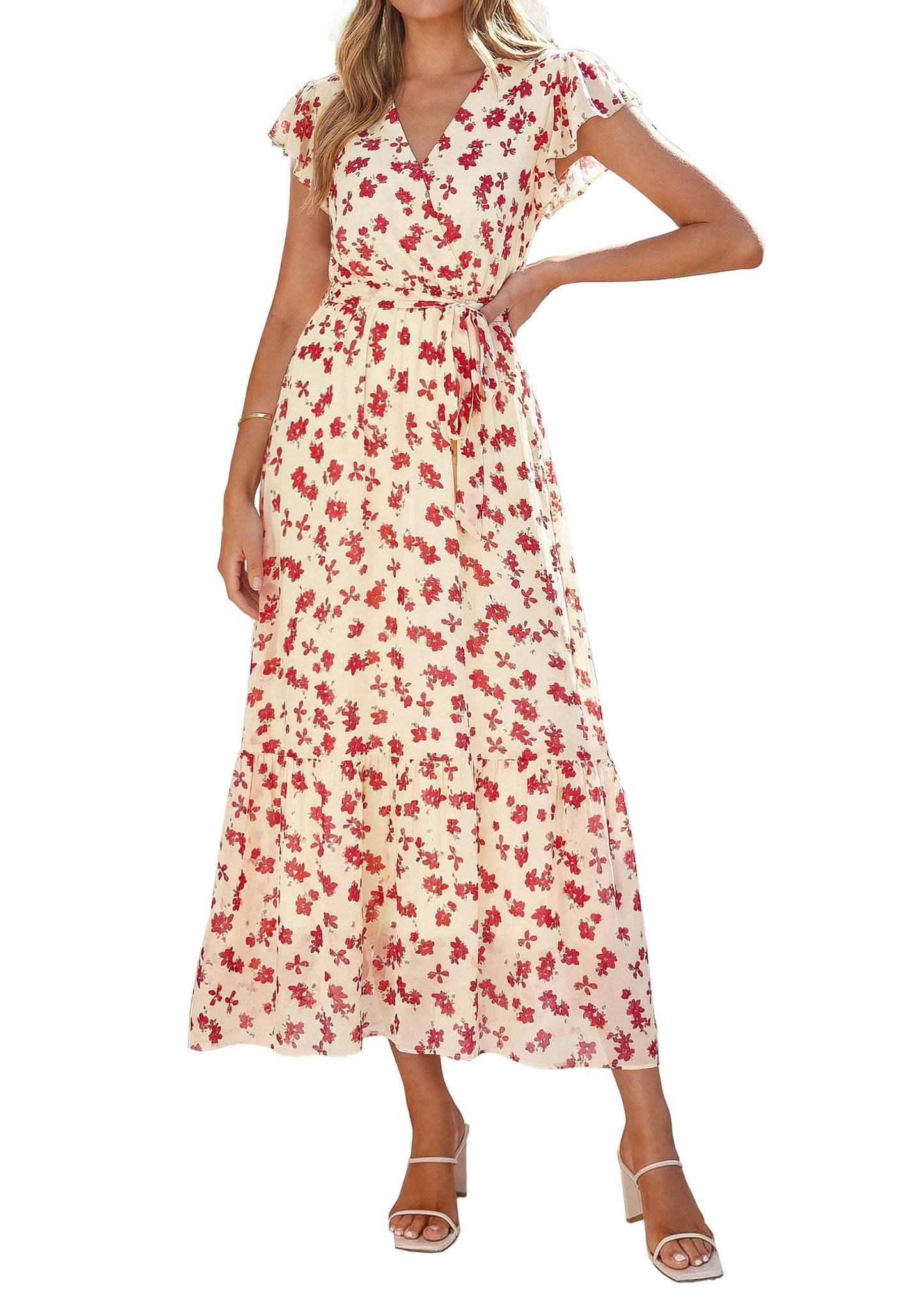 Women's Floral Wrap V-Neck Ruffle Boho Maxi Dress