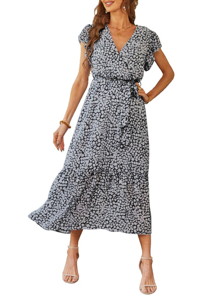 Women's Floral Wrap V-Neck Ruffle Boho Maxi Dress