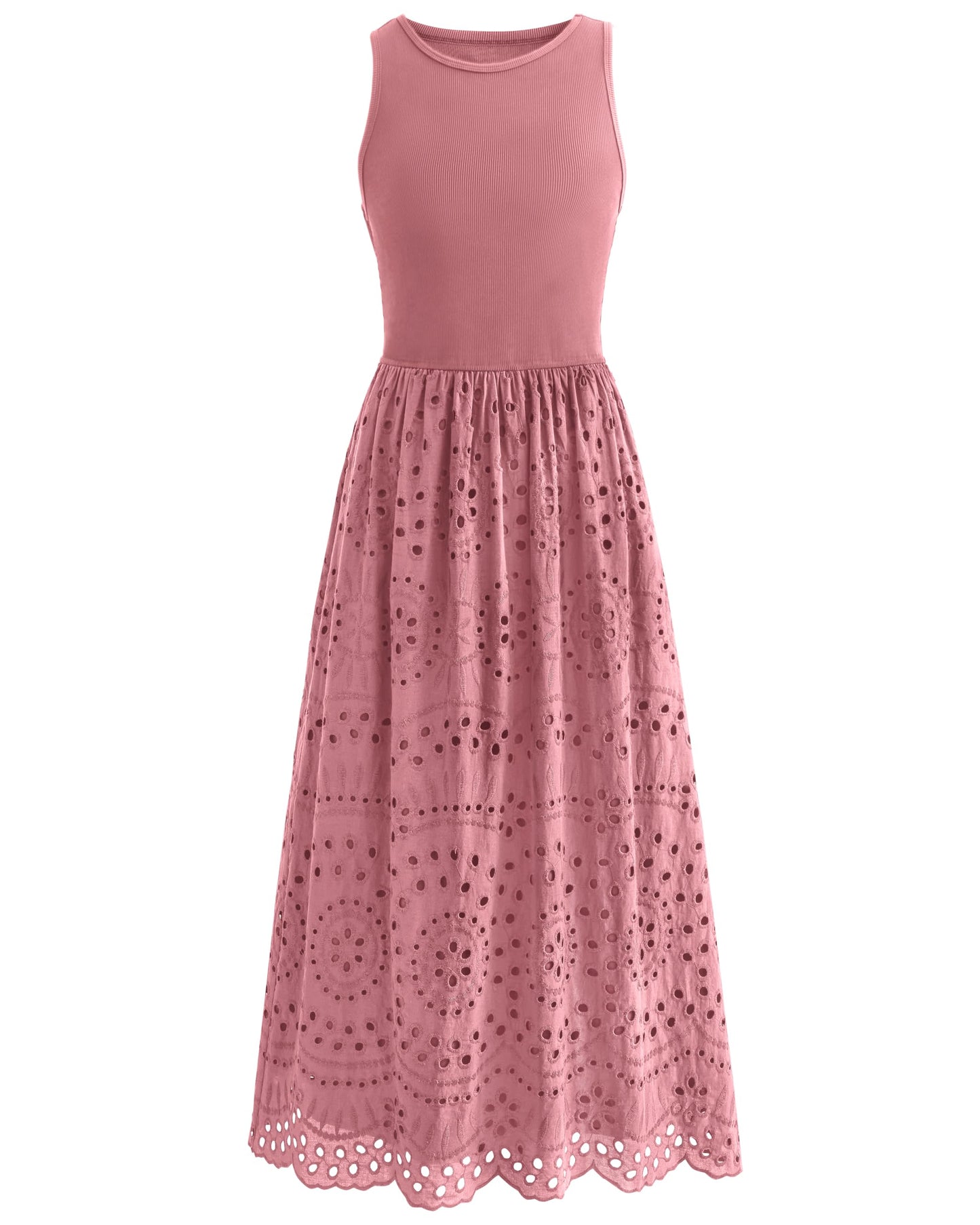 Sleeveless Crewneck Lace Eyelet Cotton Maxi Dress with Pockets