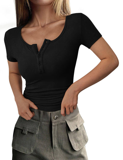 Ribbed Henley Button Short Sleeve Slim Fit T-Shirt