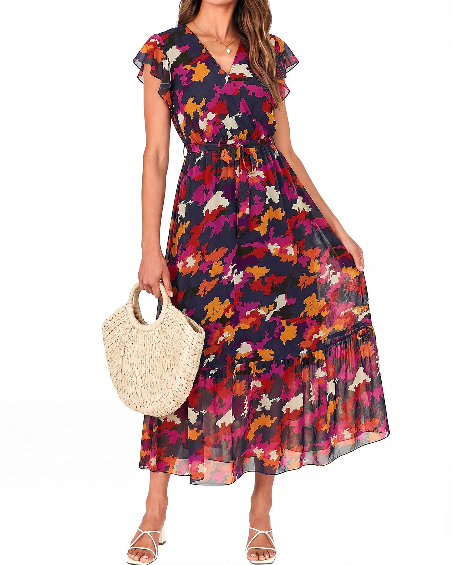 Women's Bohemian Floral Wrap V-Neck A-Line Midi Dress