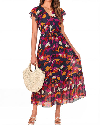 Women's Bohemian Floral Wrap V-Neck A-Line Midi Dress
