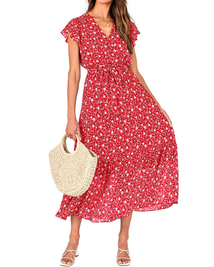 Women's Bohemian Floral Wrap V-Neck A-Line Midi Dress