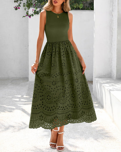Sleeveless Crewneck Lace Eyelet Cotton Maxi Dress with Pockets