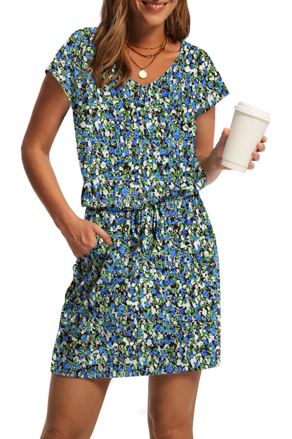 V-Neck Tie Waist Casual Mini Sundress with Pockets