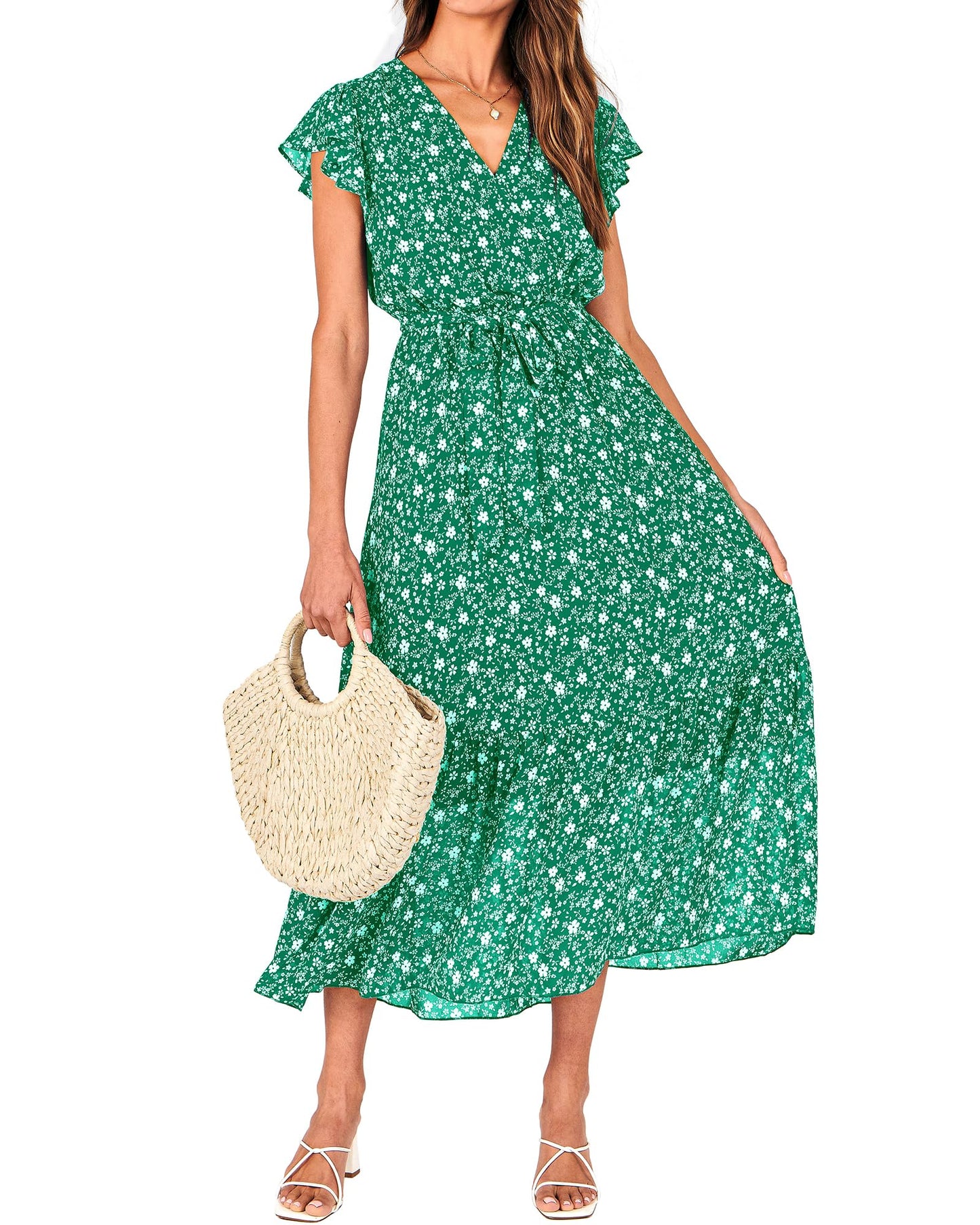 Women's Bohemian Floral Wrap V-Neck A-Line Midi Dress