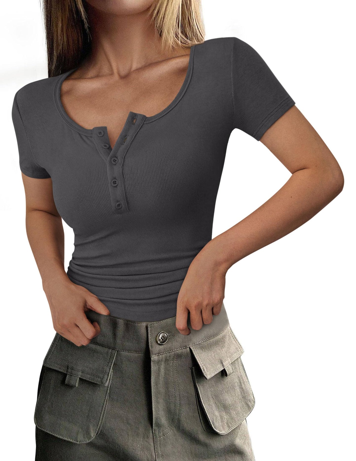 Ribbed Henley Button Short Sleeve Slim Fit T-Shirt