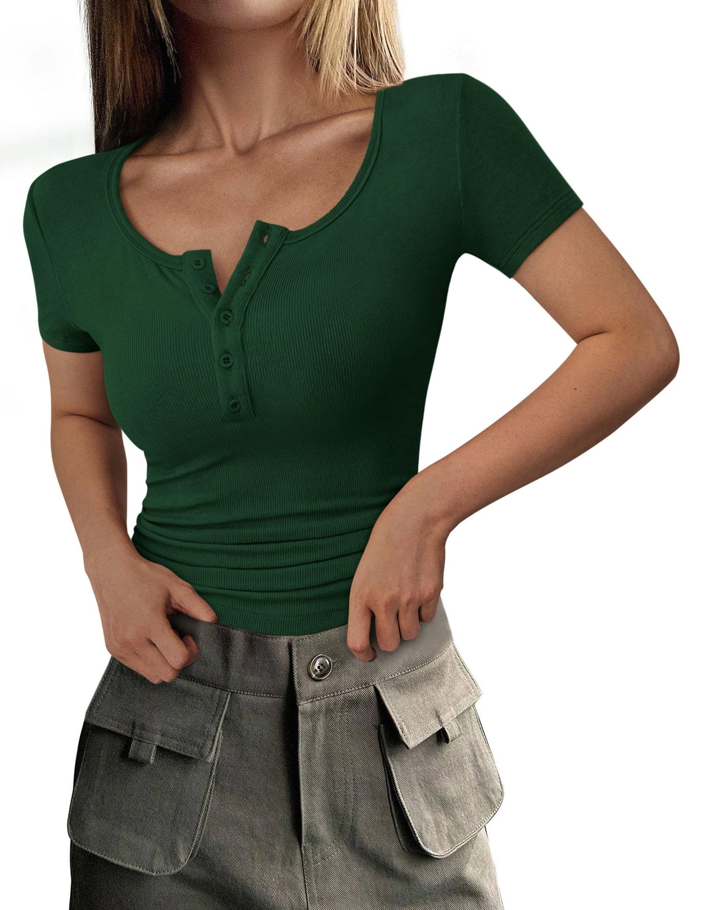 Ribbed Henley Button Short Sleeve Slim Fit T-Shirt