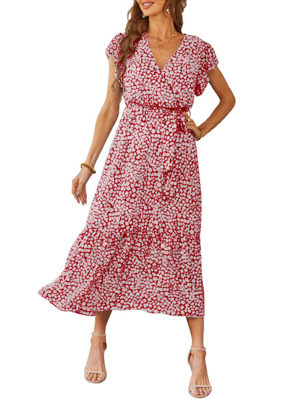 Women's Floral Wrap V-Neck Ruffle Boho Maxi Dress