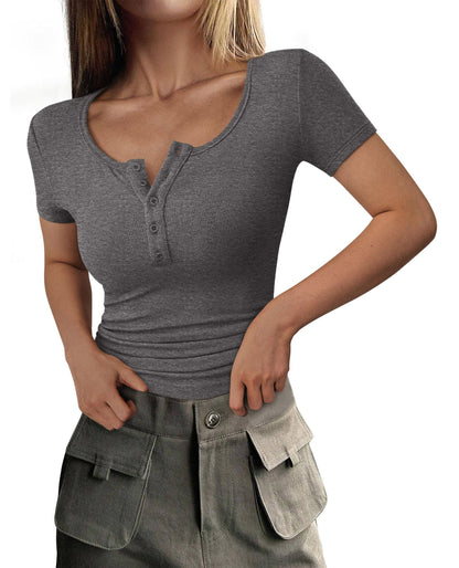 Ribbed Henley Button Short Sleeve Slim Fit T-Shirt