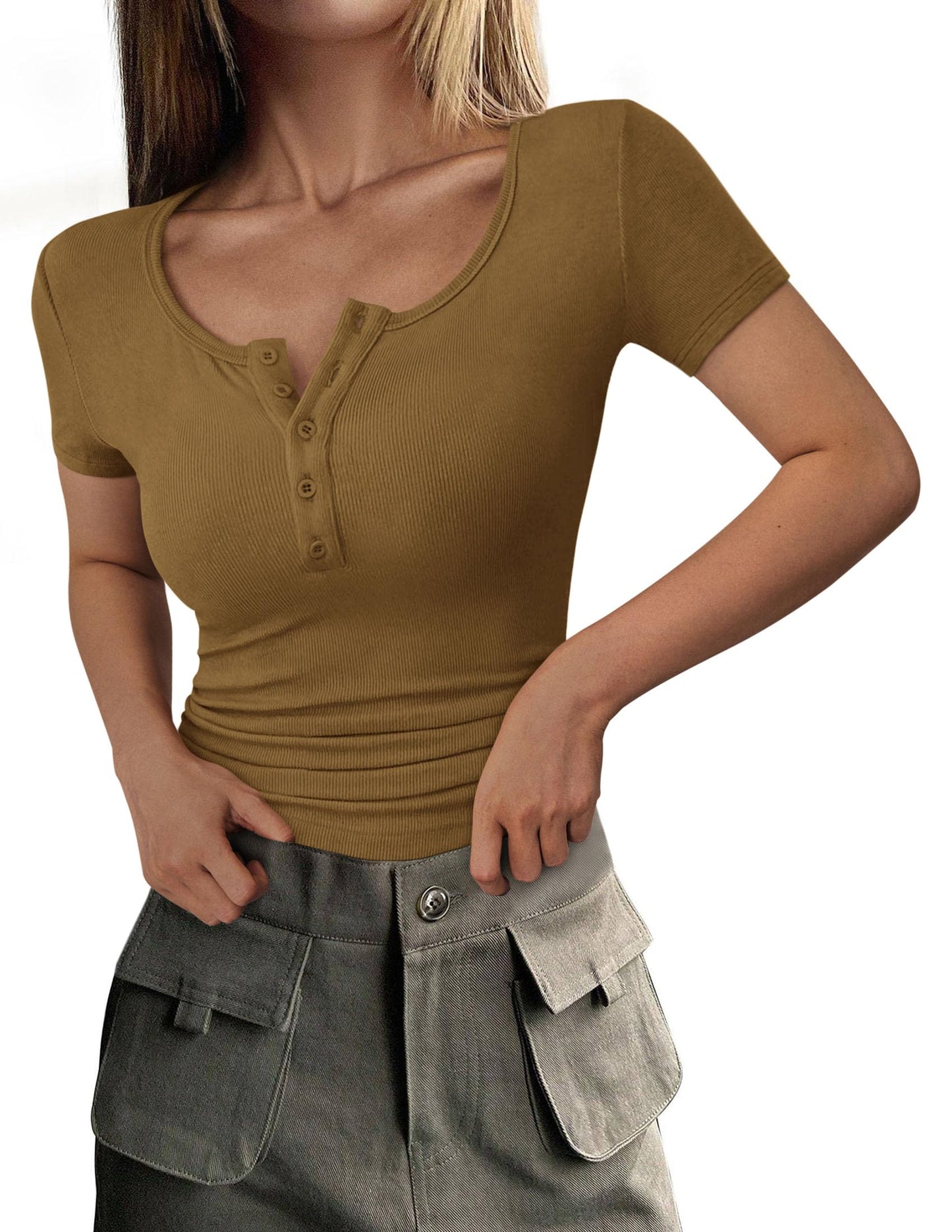 Ribbed Henley Button Short Sleeve Slim Fit T-Shirt