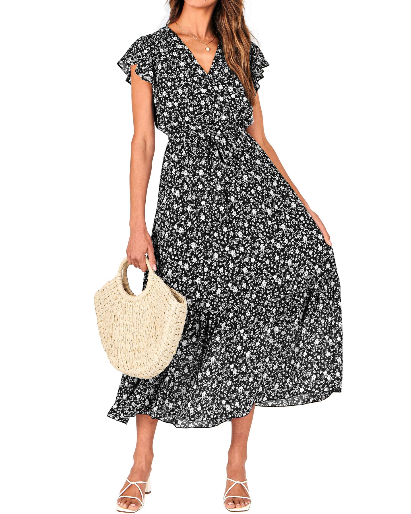 Women's Bohemian Floral Wrap V-Neck A-Line Midi Dress