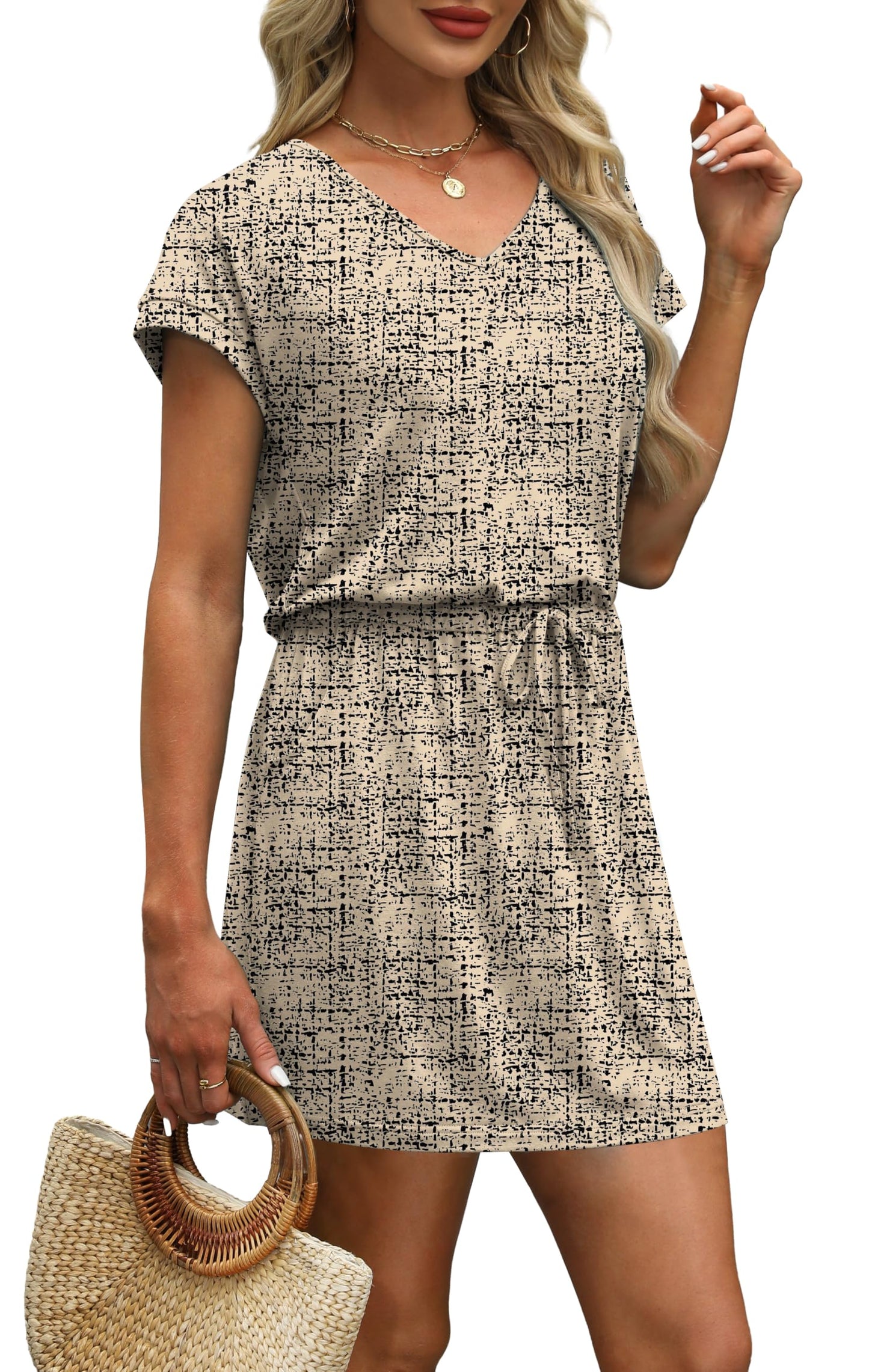 V-Neck Tie Waist Casual Mini Sundress with Pockets