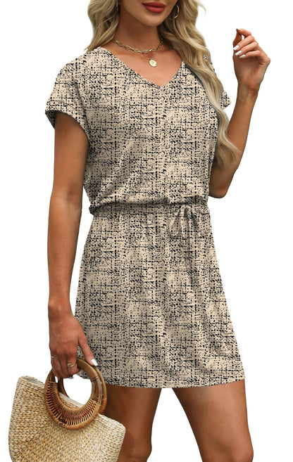 V-Neck Tie Waist Casual Mini Sundress with Pockets