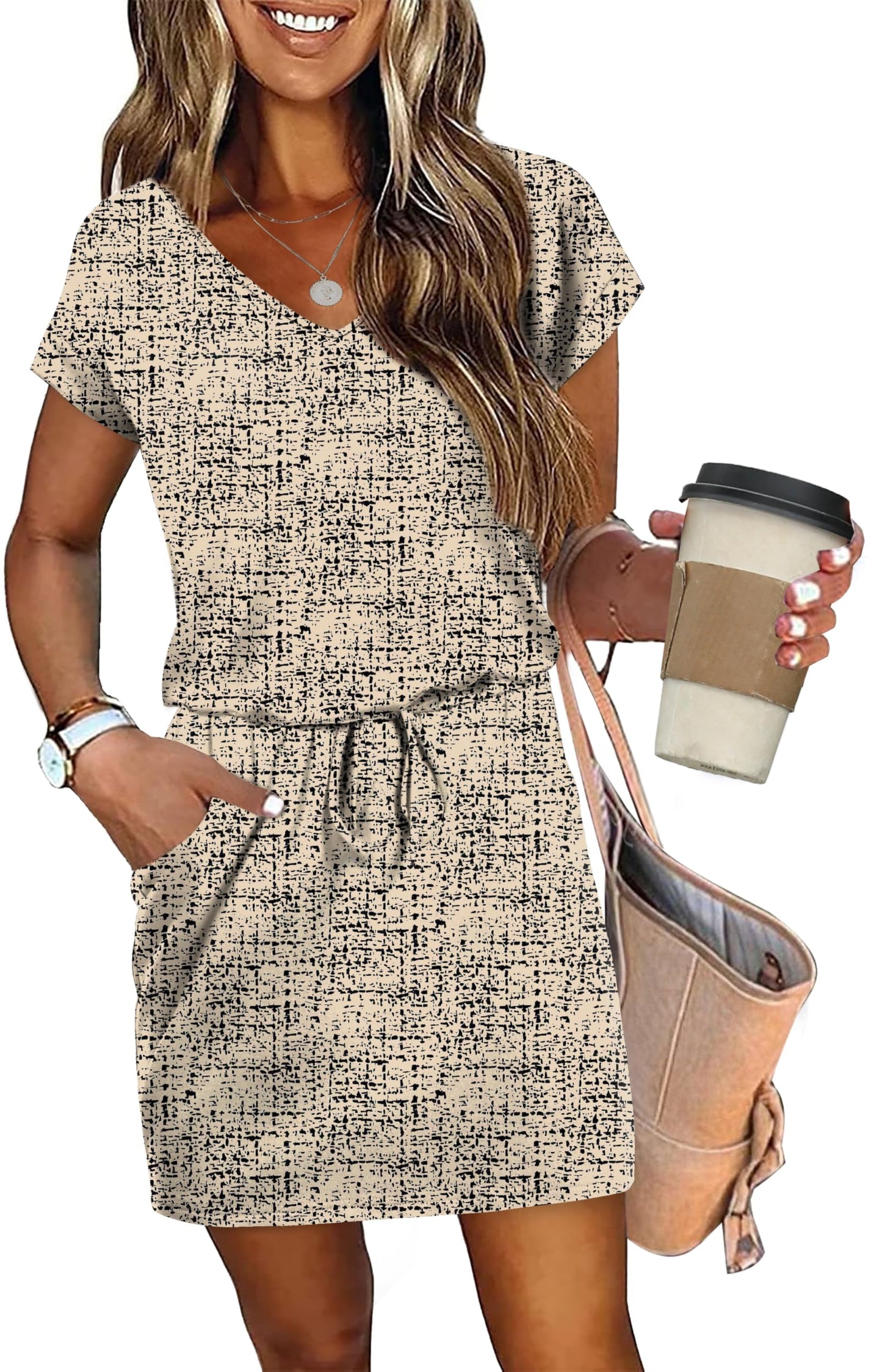 V-Neck Tie Waist Casual Mini Sundress with Pockets