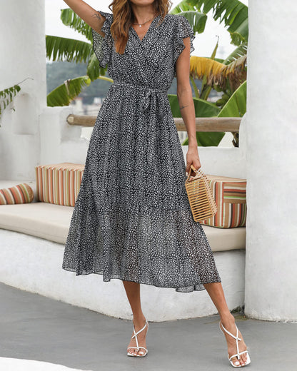 Women's Bohemian Floral Wrap V-Neck A-Line Midi Dress