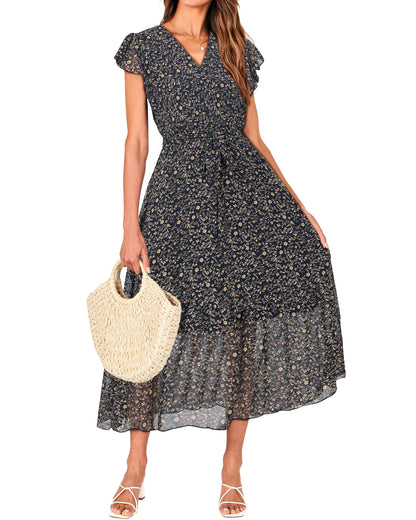 Women's Bohemian Floral Wrap V-Neck A-Line Midi Dress