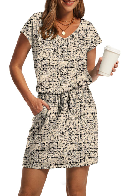 V-Neck Tie Waist Casual Mini Sundress with Pockets