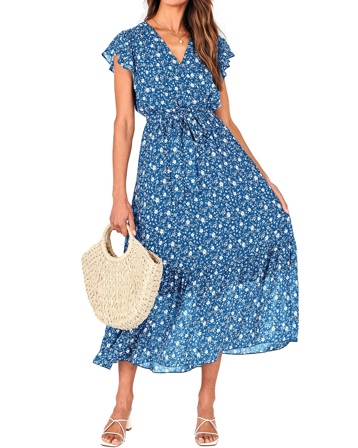 Women's Bohemian Floral Wrap V-Neck A-Line Midi Dress