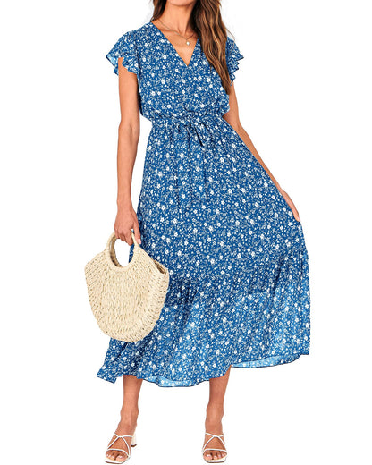 Women's Bohemian Floral Wrap V-Neck A-Line Midi Dress